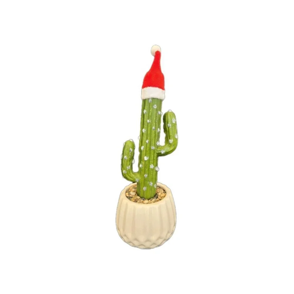 New Faux Christmas Catus W/ Santa Hat Artificial Decorative Desk Plant